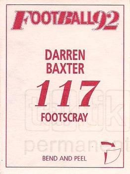 1992 Select AFL Stickers #117 Darren Baxter Back